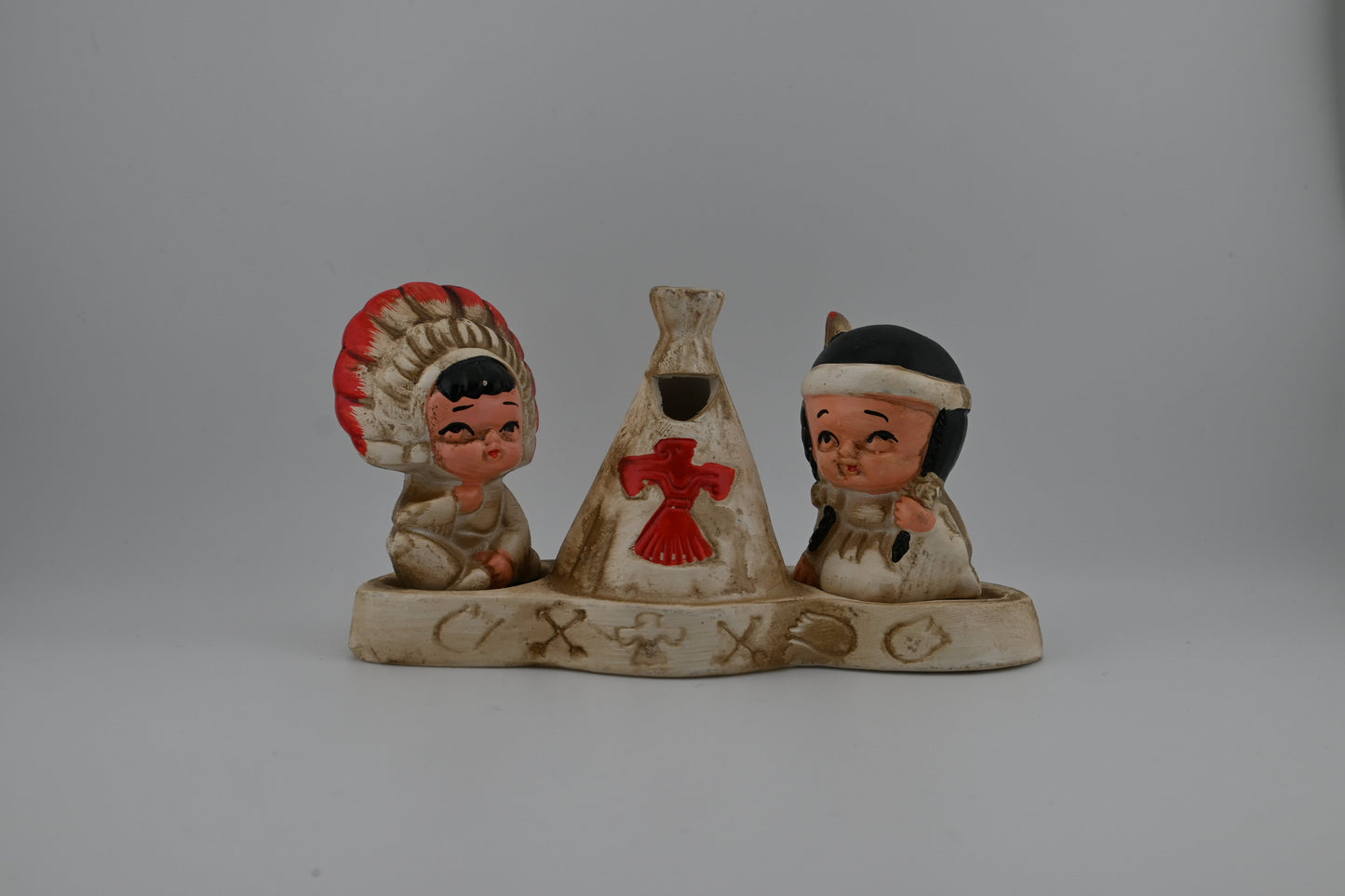 Vintage 1950s Ceramic American Indian Salt and Pepper Shaker Set With Teepee Toothpick Tray