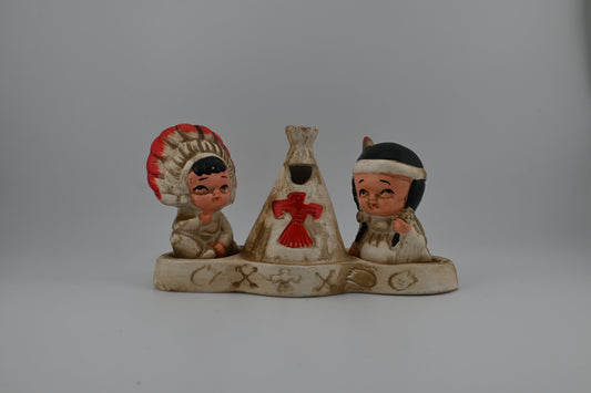 Vintage 1950s Ceramic American Indian Salt and Pepper Shaker Set With Teepee Toothpick Tray