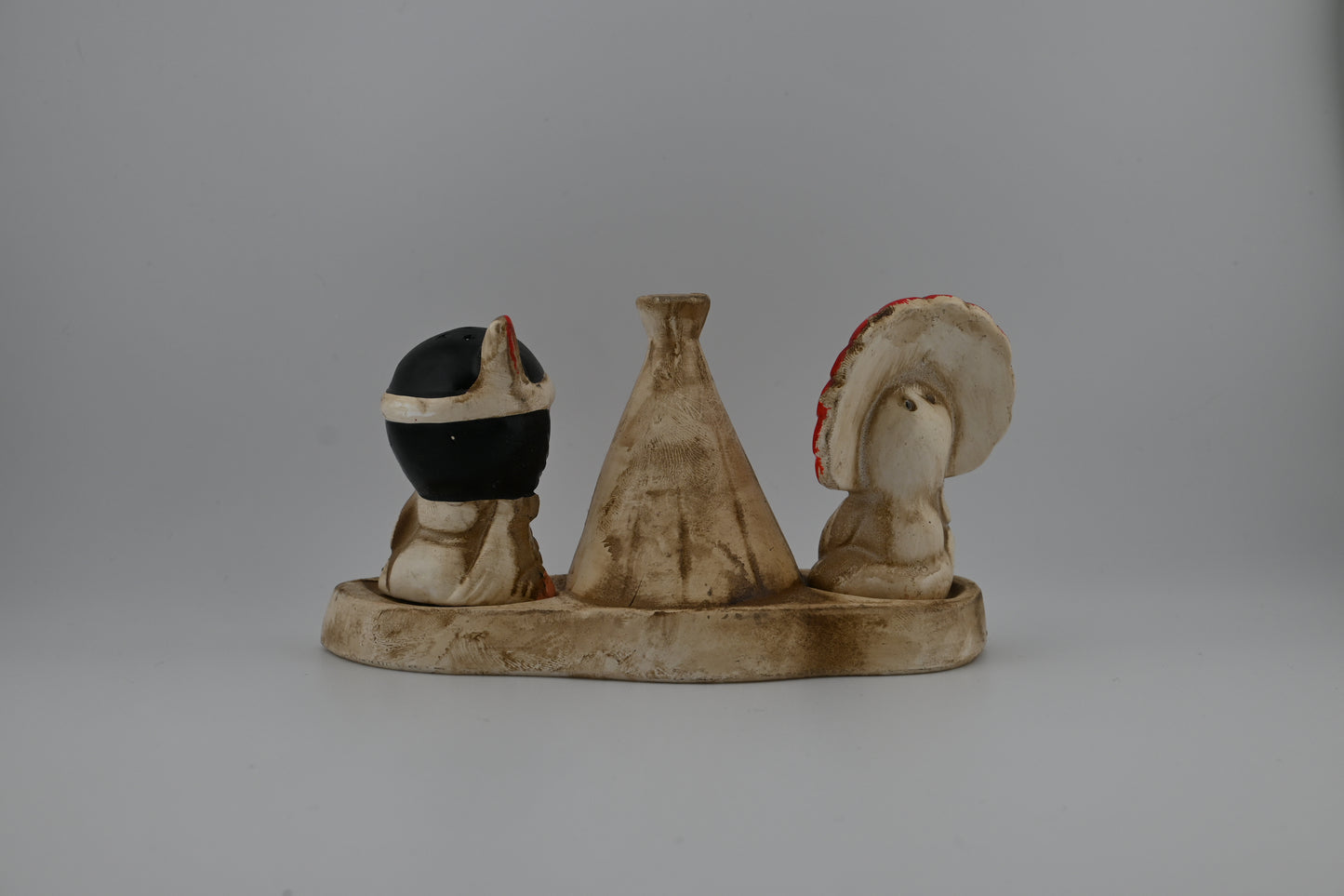 Vintage 1950s Ceramic American Indian Salt and Pepper Shaker Set With Teepee Toothpick Tray