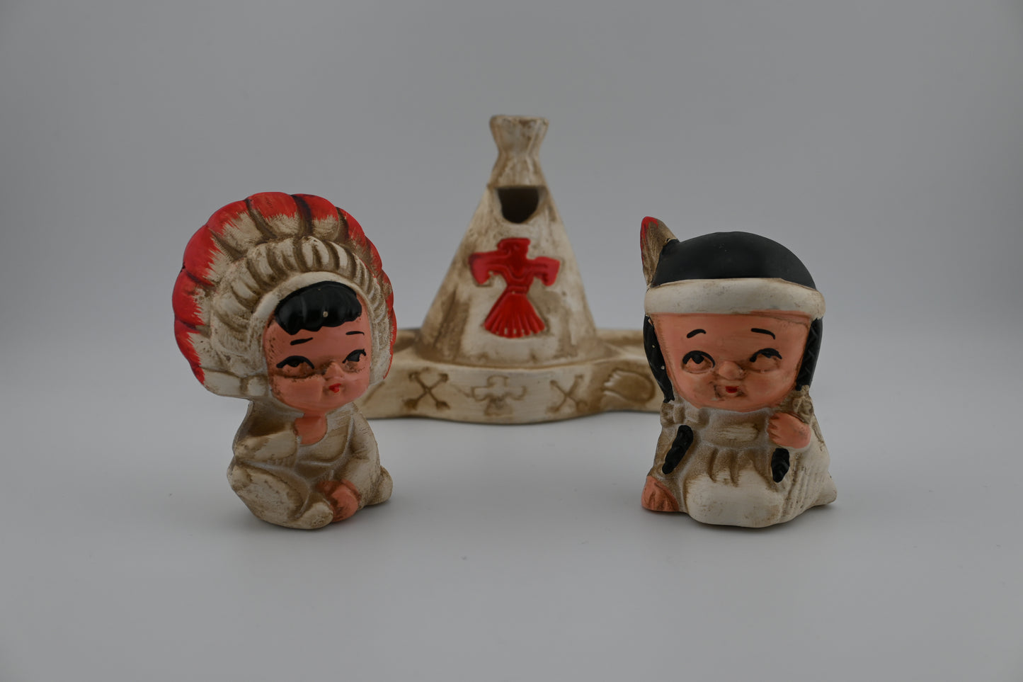 Vintage 1950s Ceramic American Indian Salt and Pepper Shaker Set With Teepee Toothpick Tray
