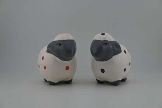 Vintage Ceramic Sheep Salt and Pepper Shakers with Pink and Purple Polka Dots