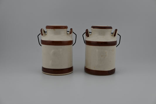 Vintage 1950s Ceramic White & Brown Milk Jug Salt & Pepper Shaker Set