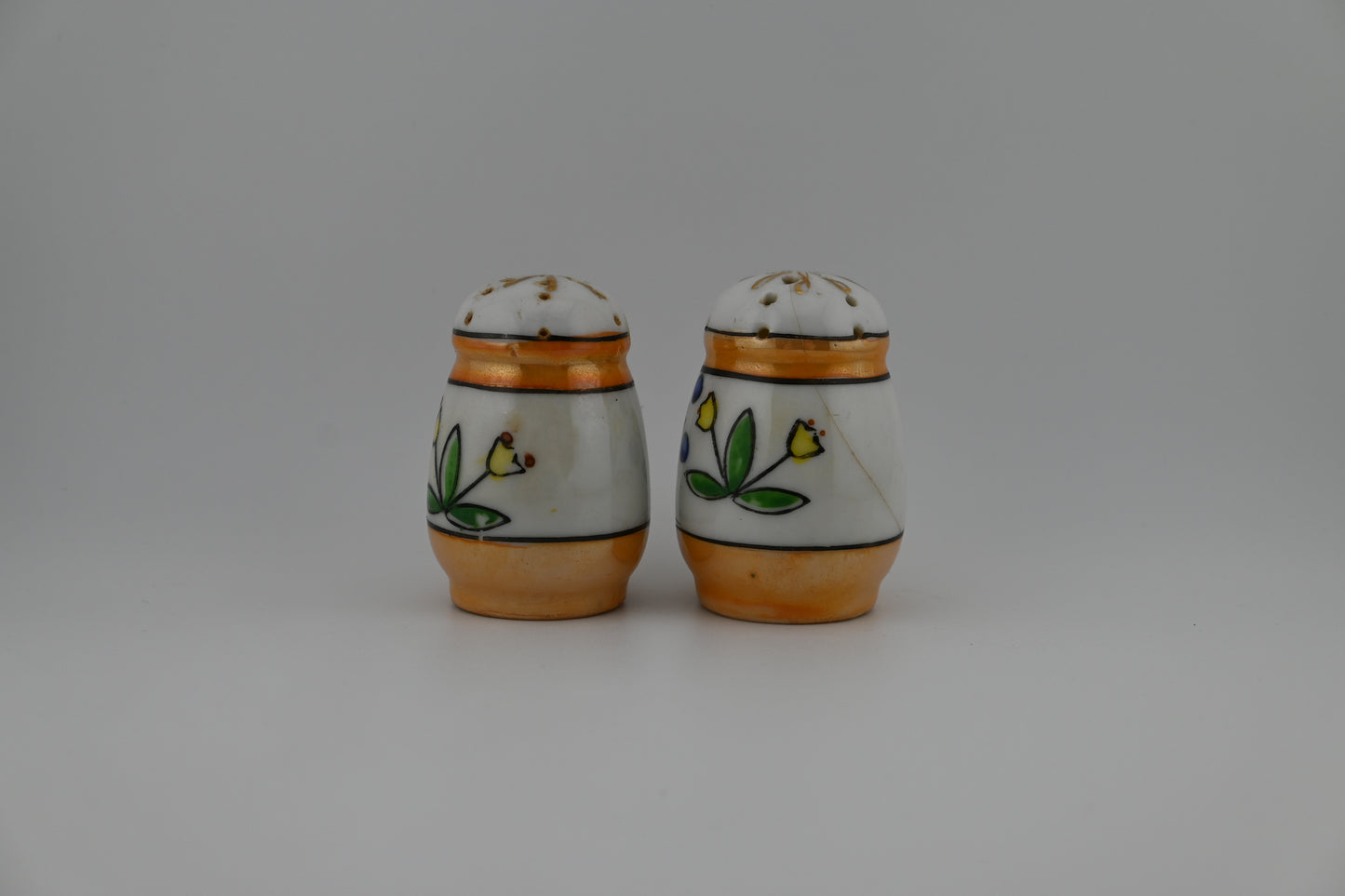 Rare 1950s Hand-Painted Lusterware Floral Design Japanese Porcelain Salt & Pepper Shaker Set