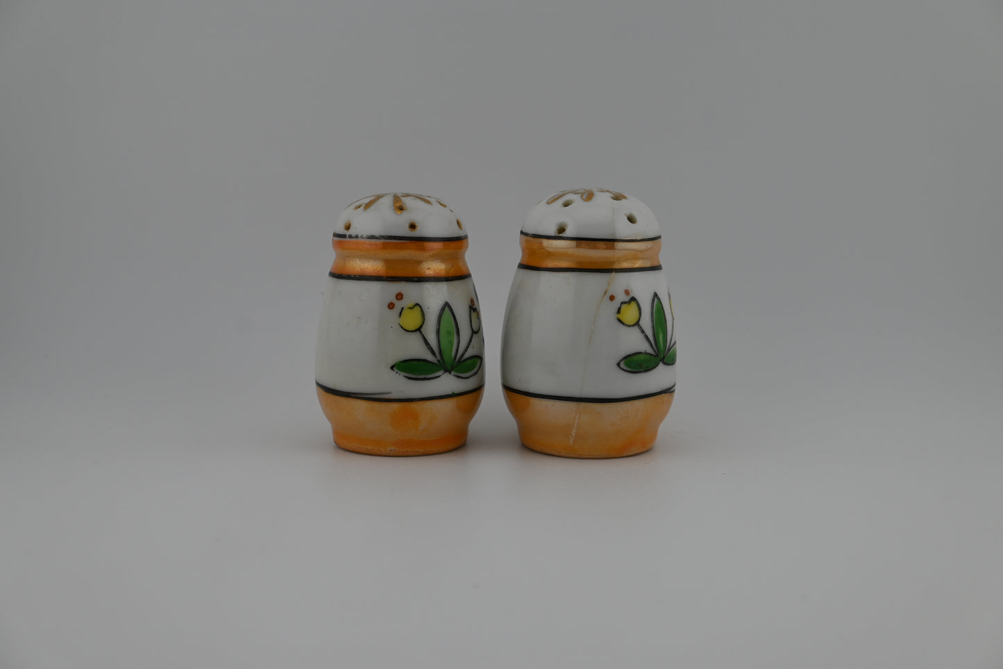 Rare 1950s Hand-Painted Lusterware Floral Design Japanese Porcelain Salt & Pepper Shaker Set
