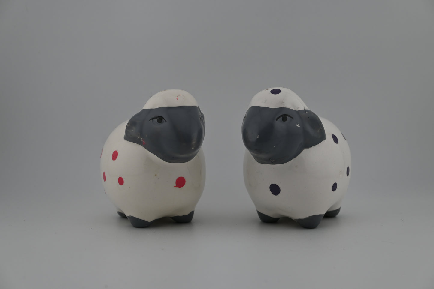 Vintage Ceramic Sheep Salt and Pepper Shakers with Pink and Purple Polka Dots