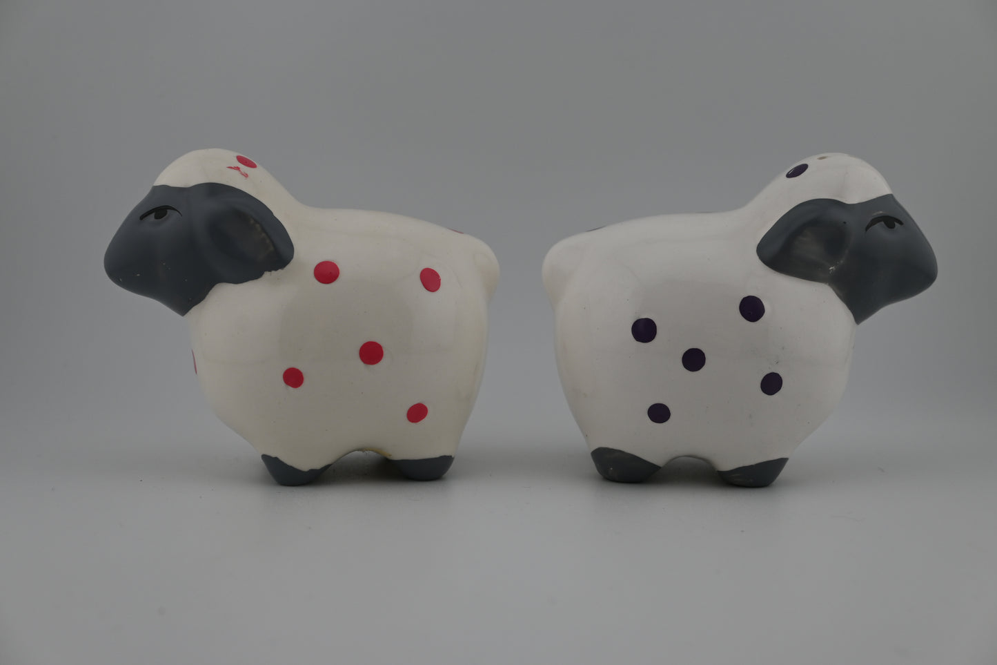 Vintage Ceramic Sheep Salt and Pepper Shakers with Pink and Purple Polka Dots