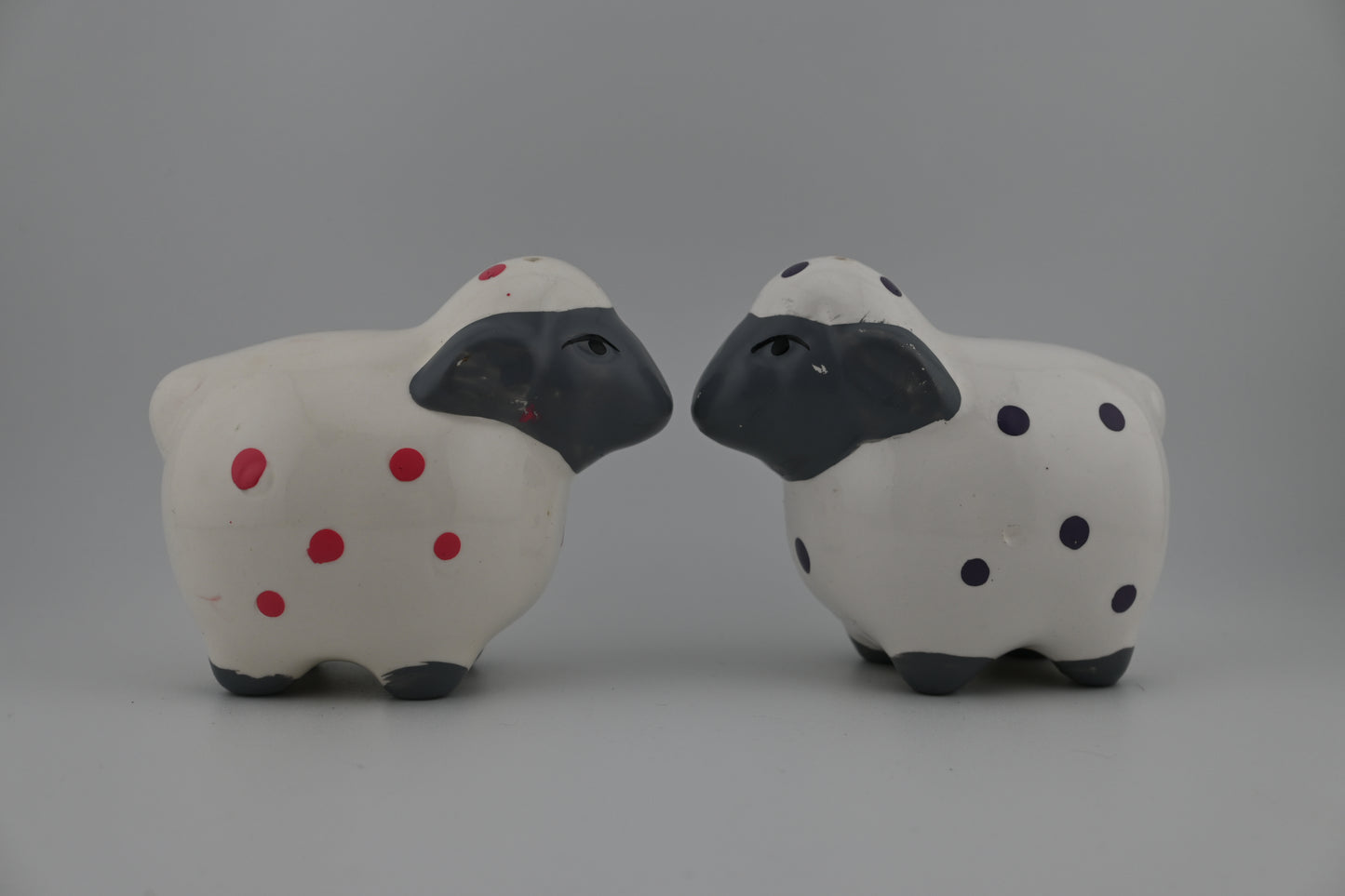 Vintage Ceramic Sheep Salt and Pepper Shakers with Pink and Purple Polka Dots