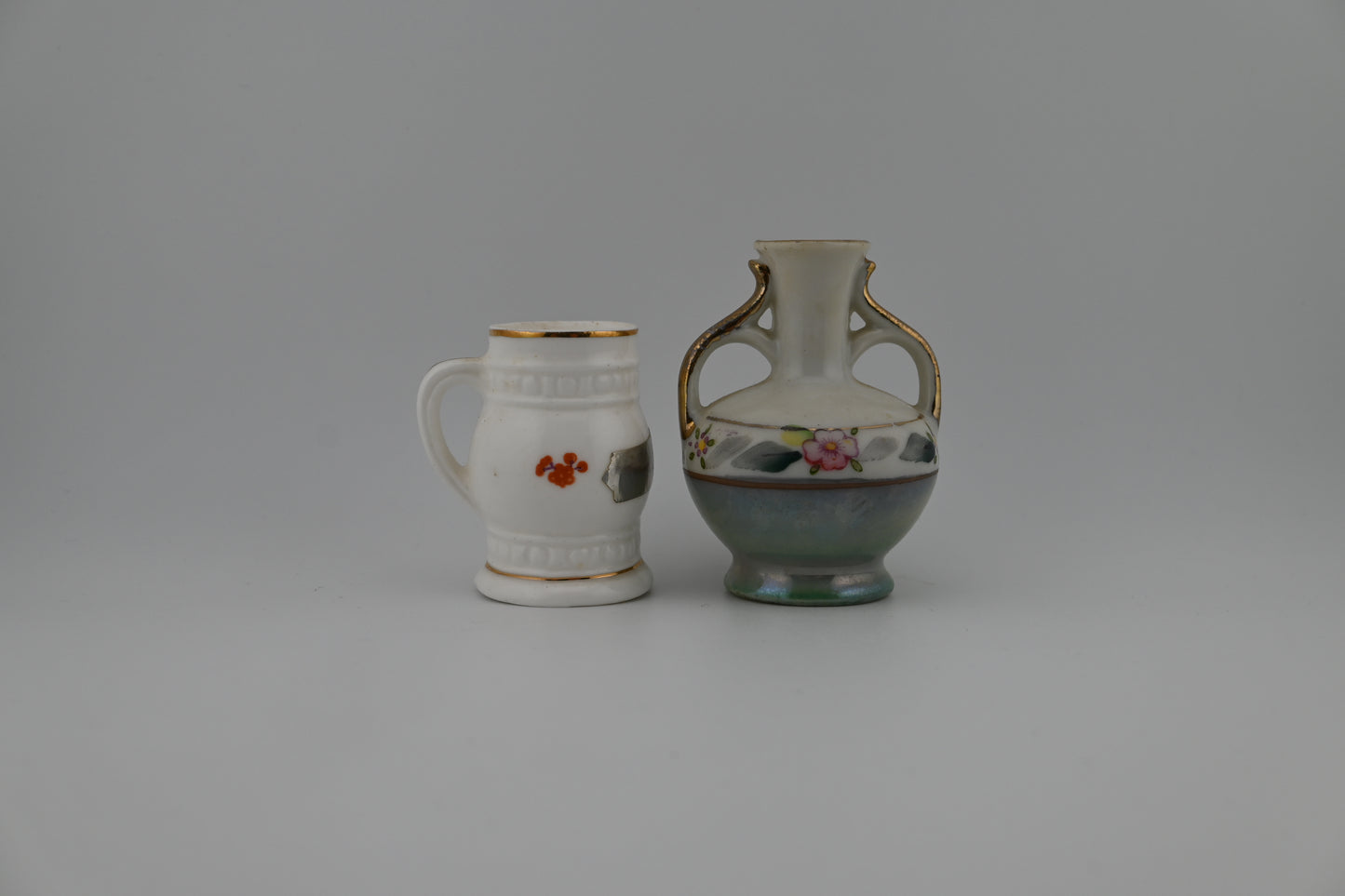 Tiny Antique Rare Japanese Hand-Painted Floral Porcelain Toothpick Holders